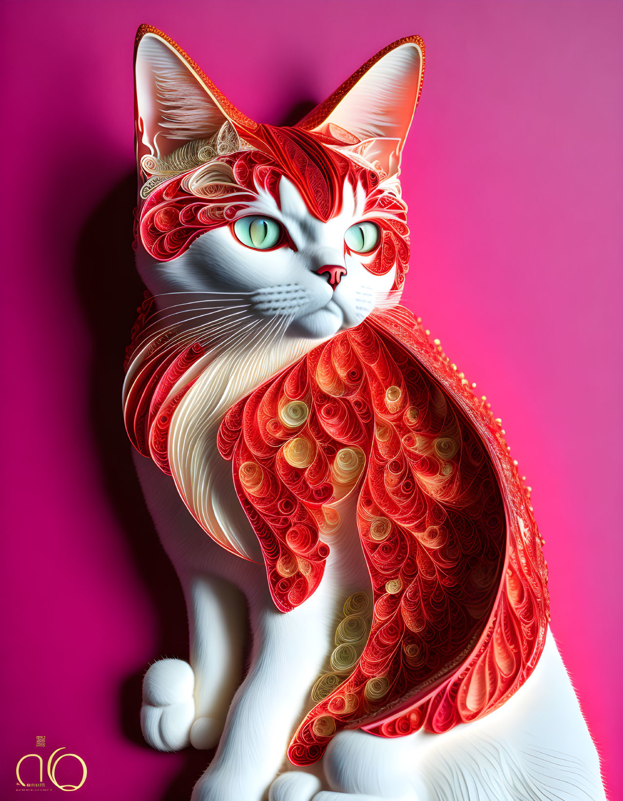 White cat with red and gold filigree patterns and ornamental cape on pink background