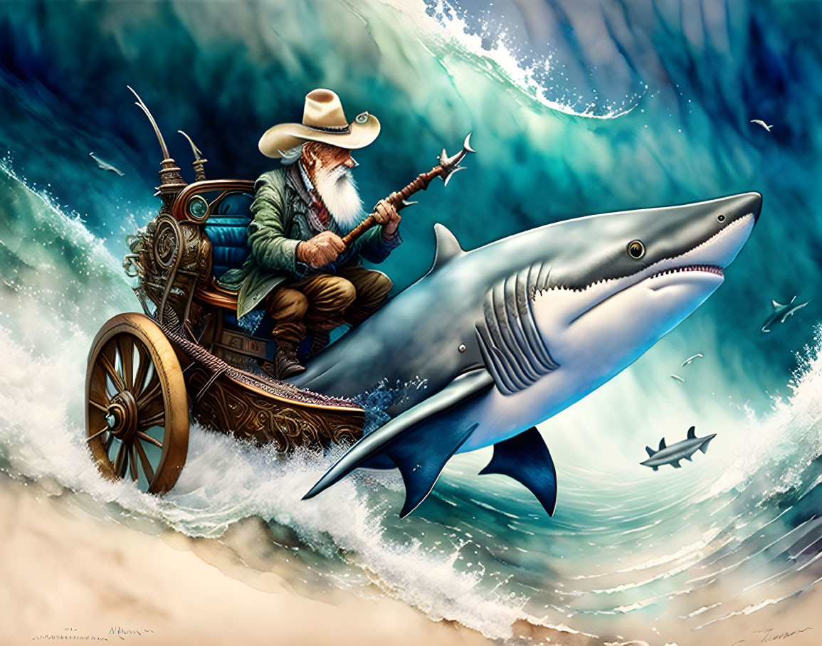 Cowboy riding mechanical chariot underwater with shark in vivid sea and sky scene