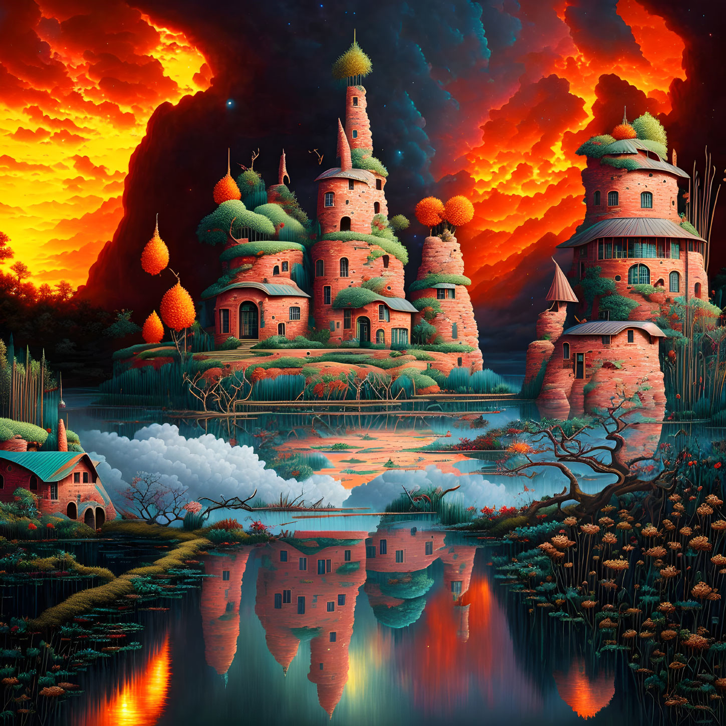 Surreal landscape with fantastical towers in fiery sky reflected in tranquil lake at dusk