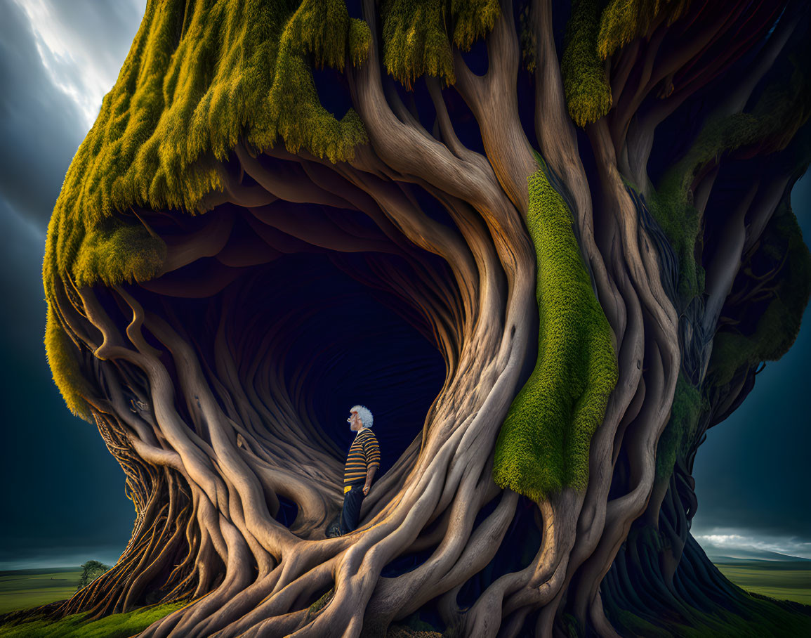 Person standing inside large ancient tree with intricate roots and moss under dramatic sky