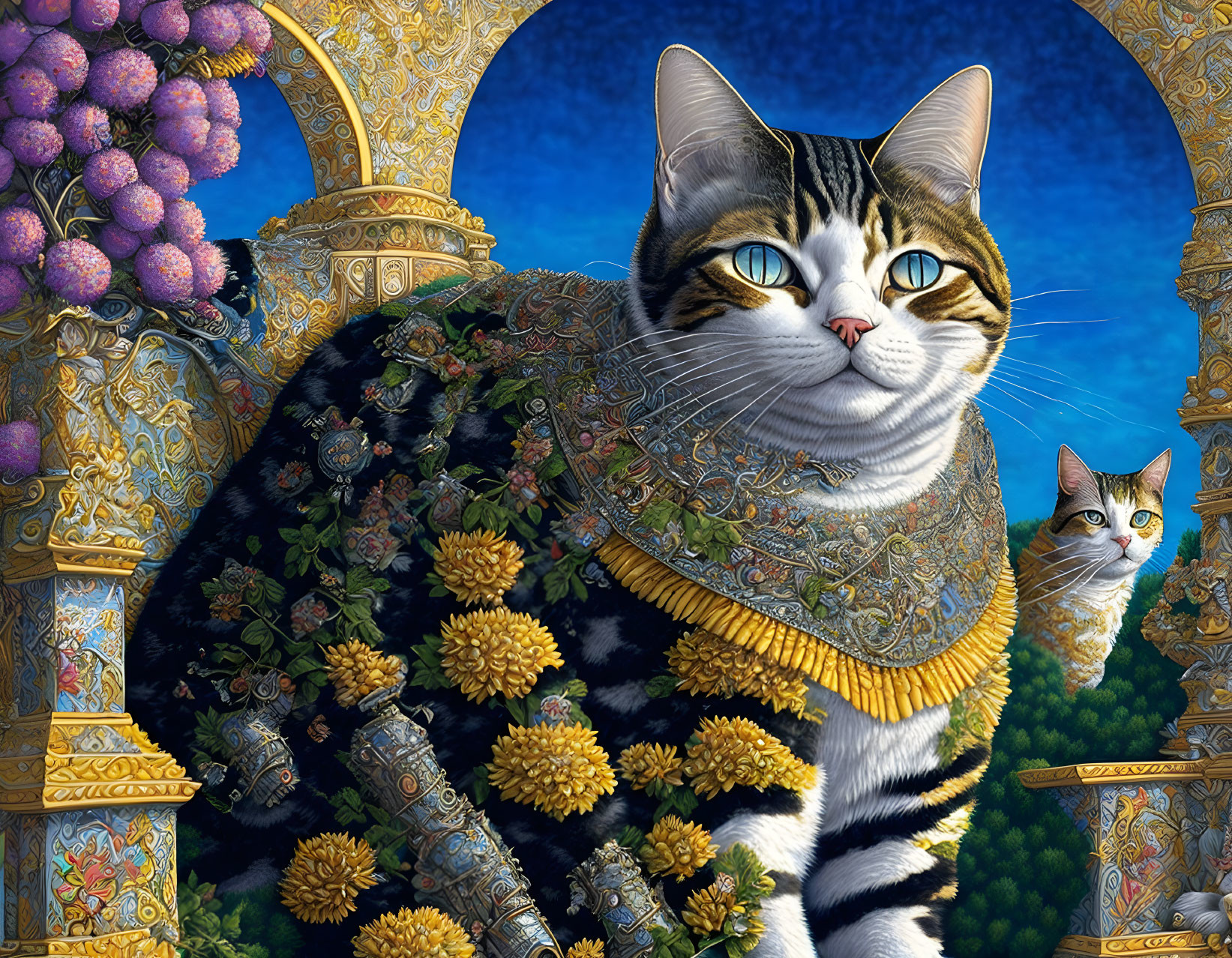 Tabby and White Cat in Renaissance Attire on Blue Tapestry