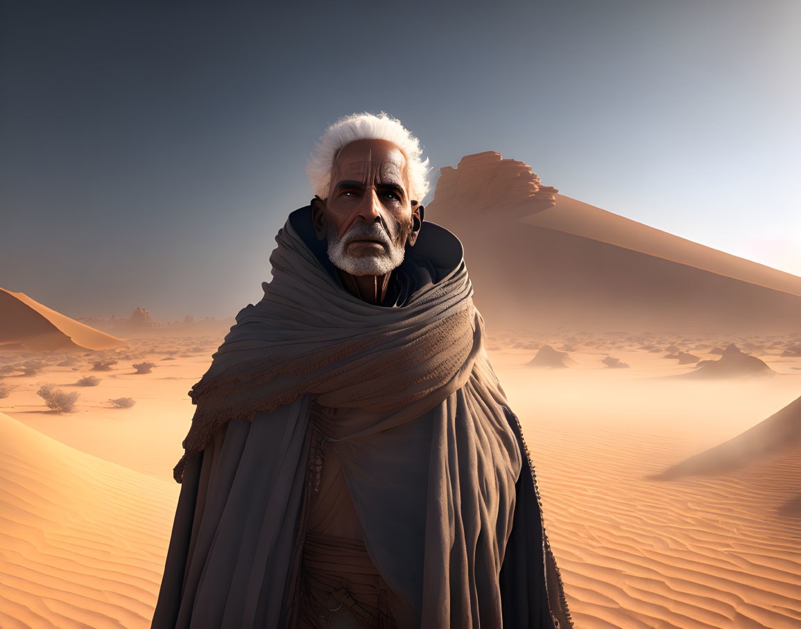 Elderly man in cloak against desert backdrop with sand dunes