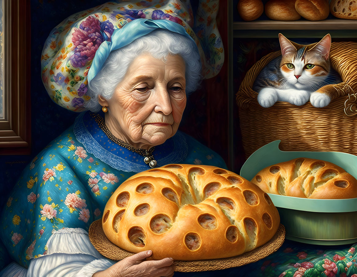 Elderly woman in blue dress with bread and cat peeking from basket