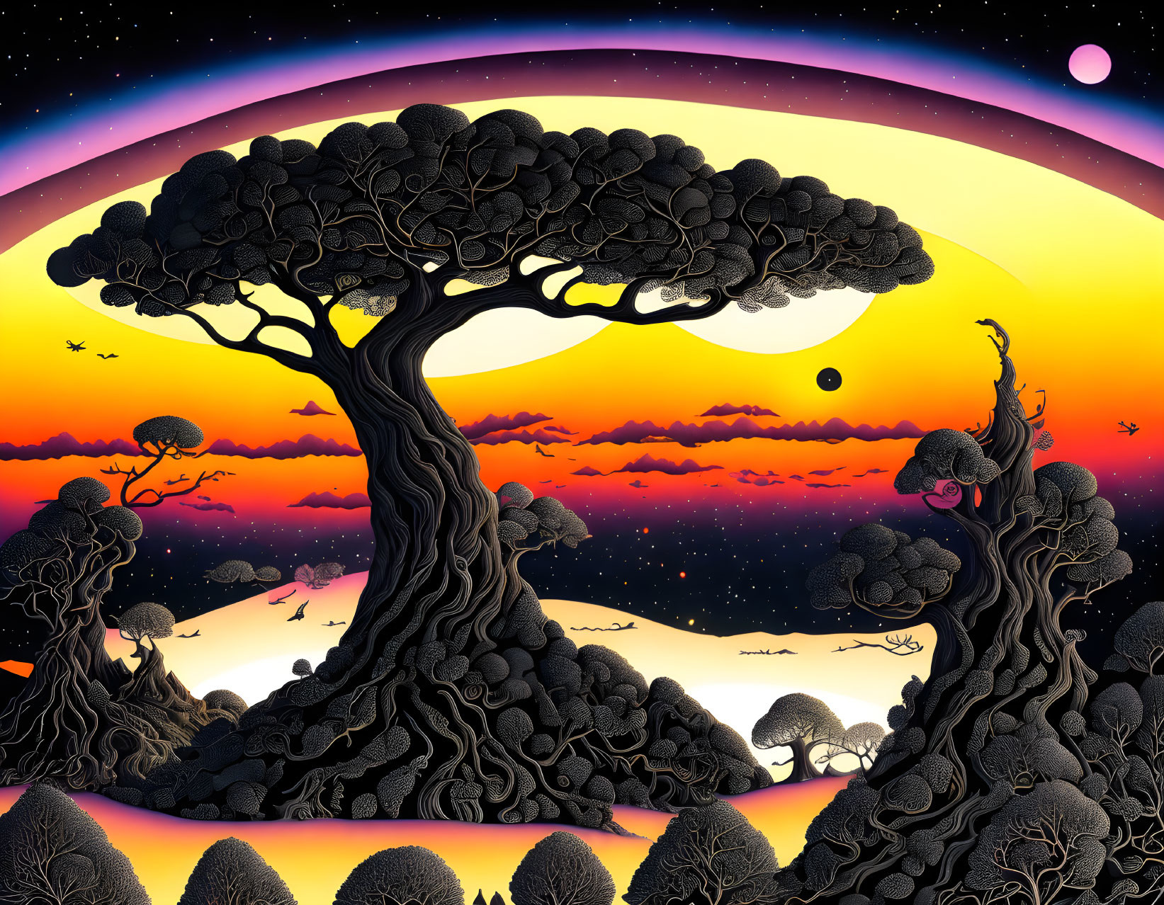 Colorful sky with twisted trees and flying birds under planets, moon