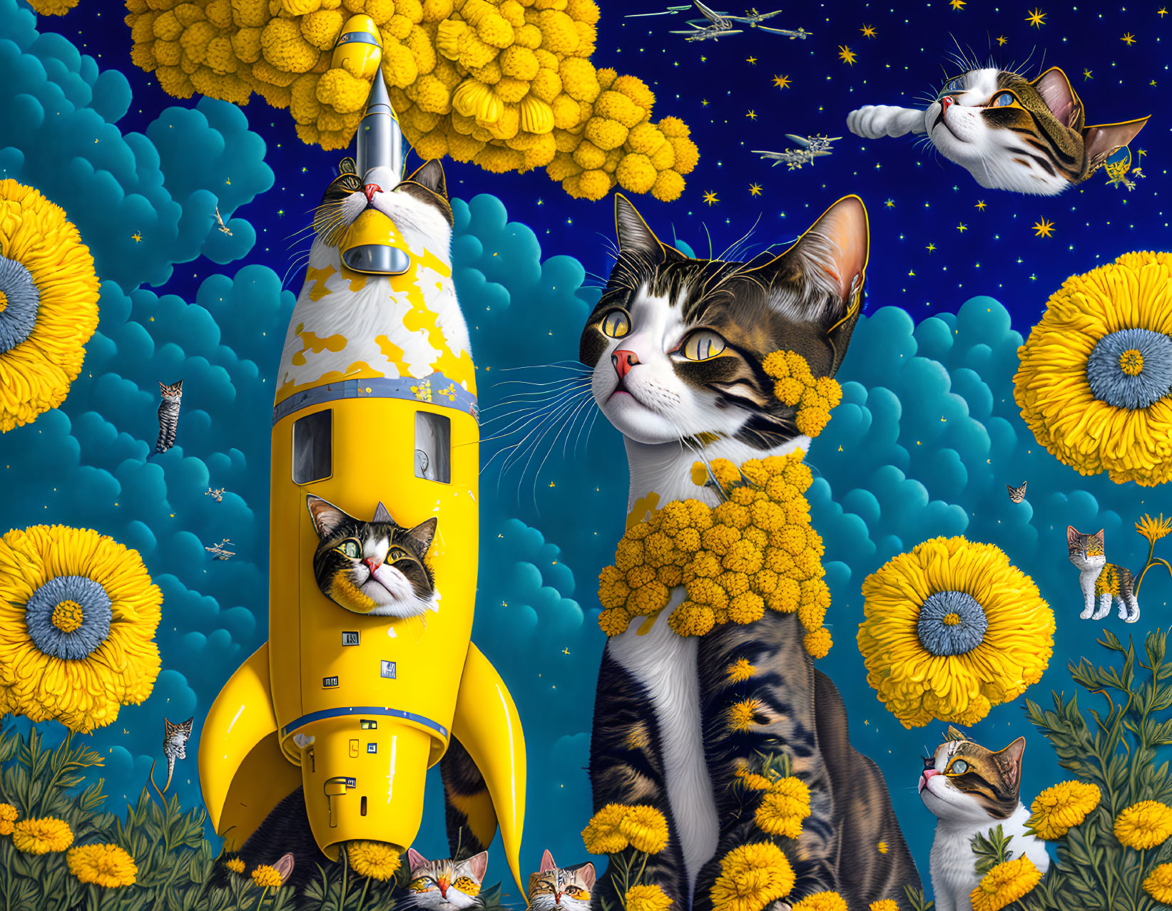 Whimsical illustration of giant cat with flying cats, rocket, and starry sky