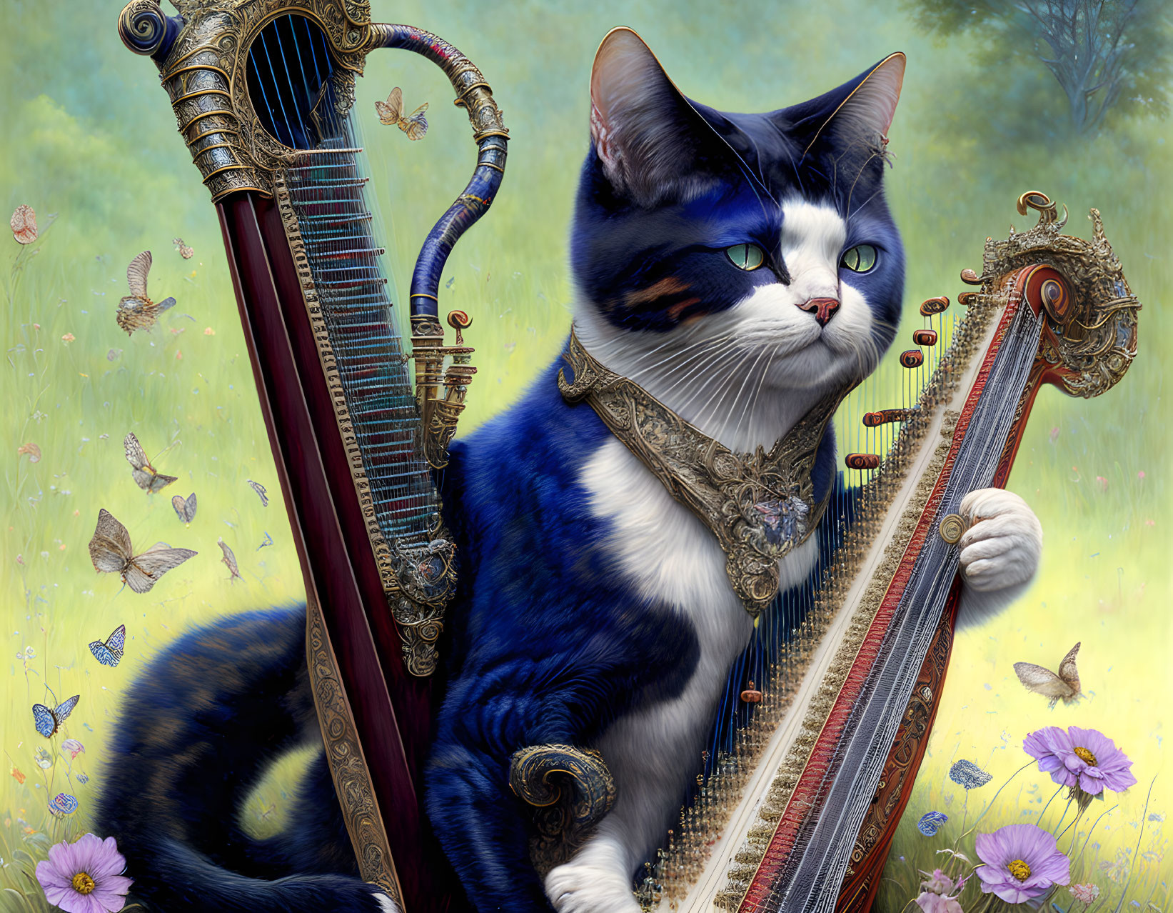 Whimsical cat playing golden harp in flowery field