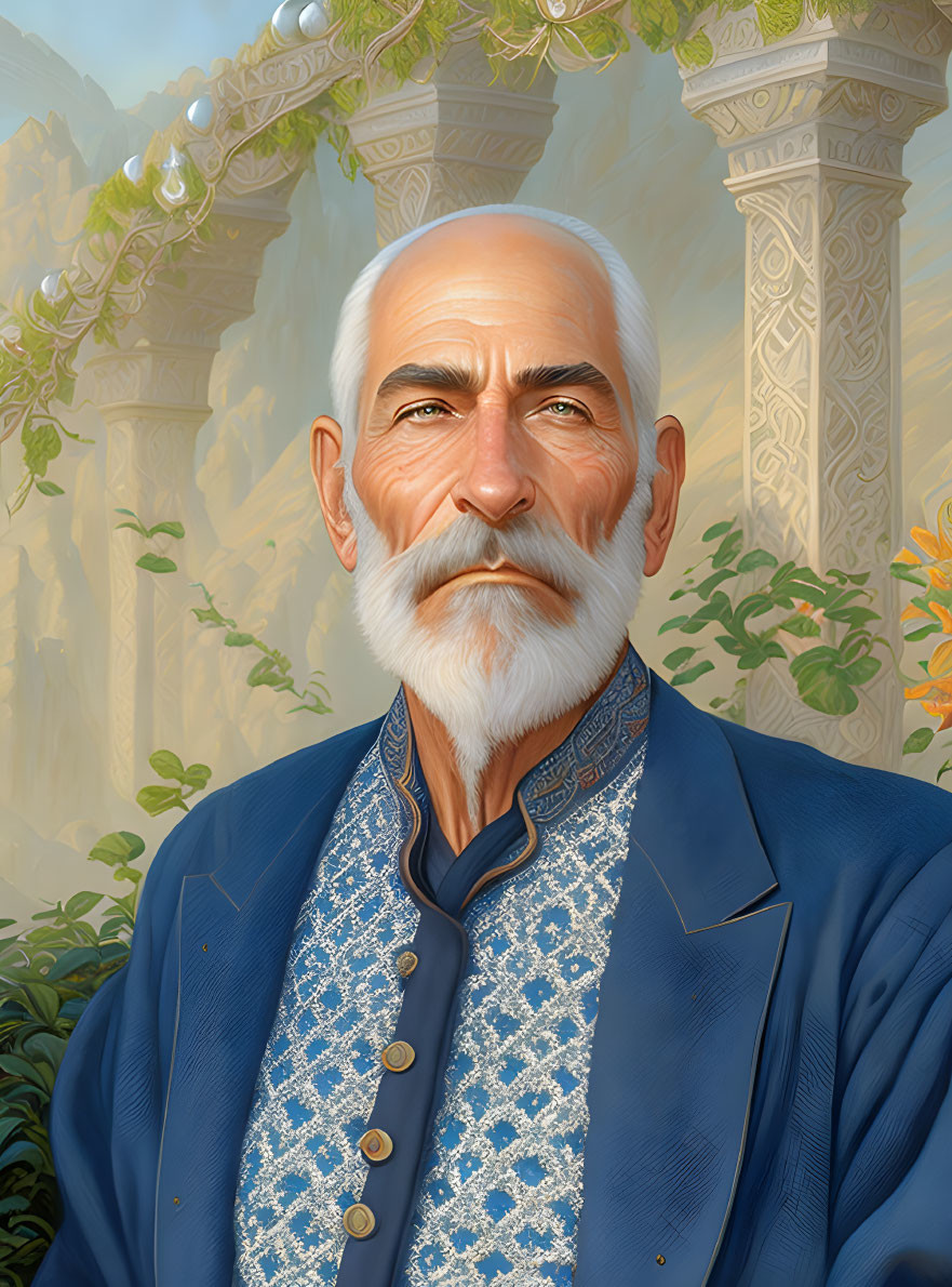 Elderly man with white beard and blue embroidered jacket in ornate setting