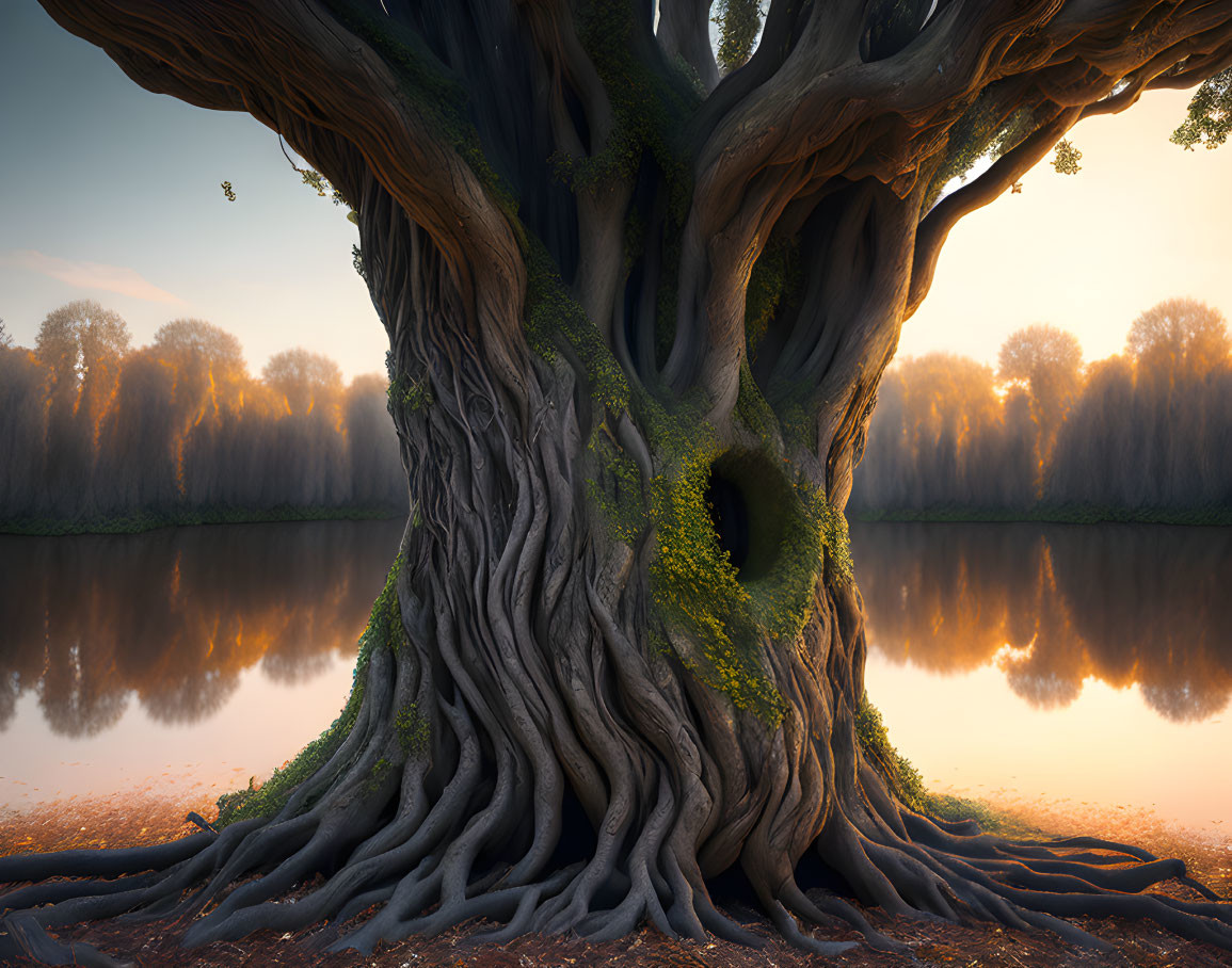 Ancient tree with gnarled roots beside reflective water under golden sunrise