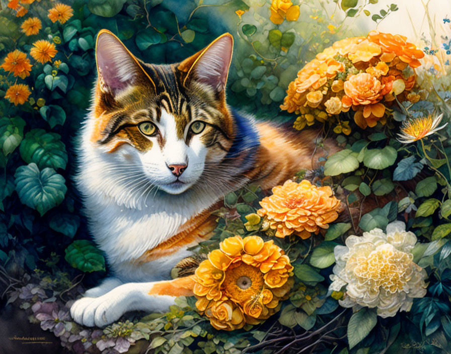 Tabby Cat Painting Among Colorful Flowers and Foliage