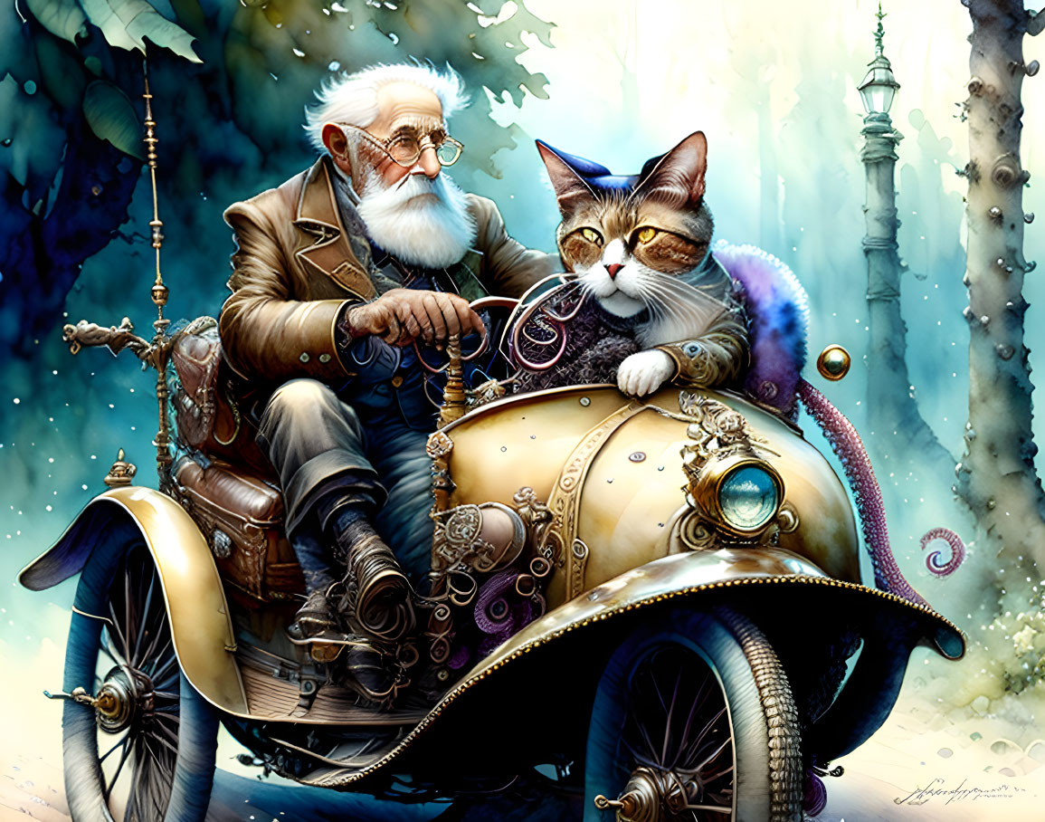 Elderly man and cat in goggles on steampunk sidecar motorcycle in mystical forest