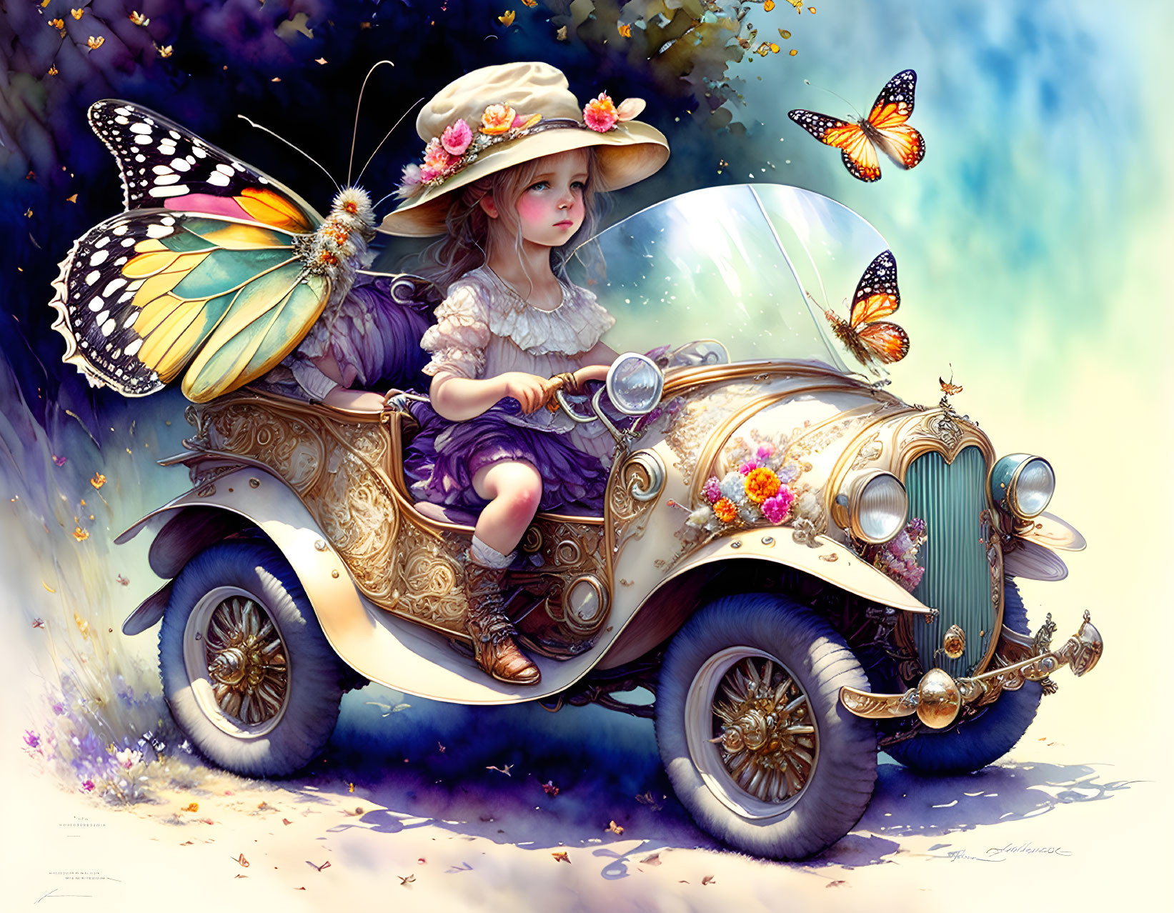 Young girl in vintage butterfly-winged car surrounded by butterflies