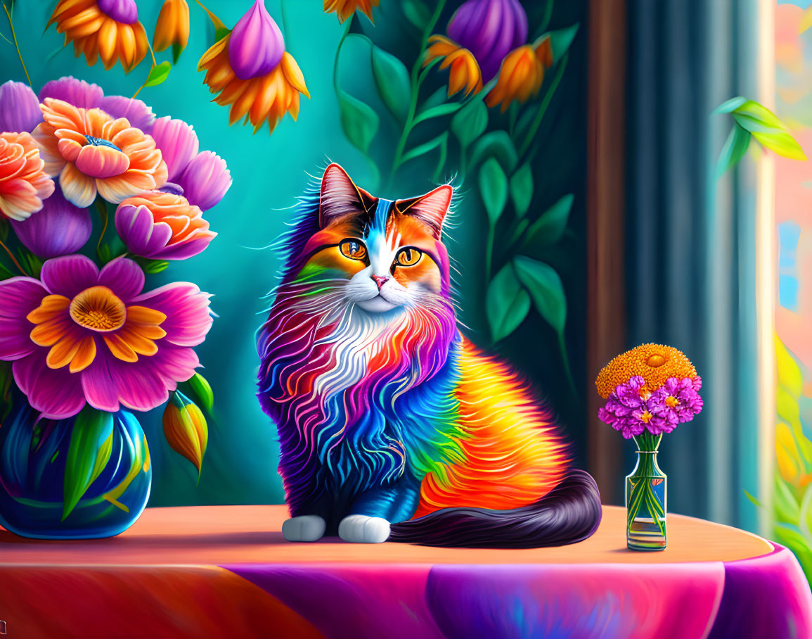 Vibrantly painted cat with flowers on draped table