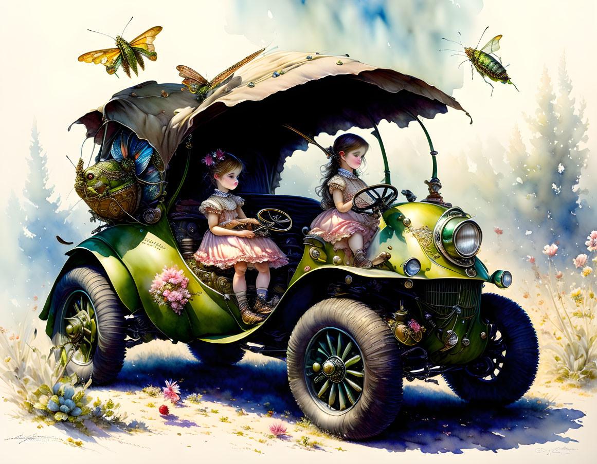 Whimsical girls in vintage car with butterflies and greenery