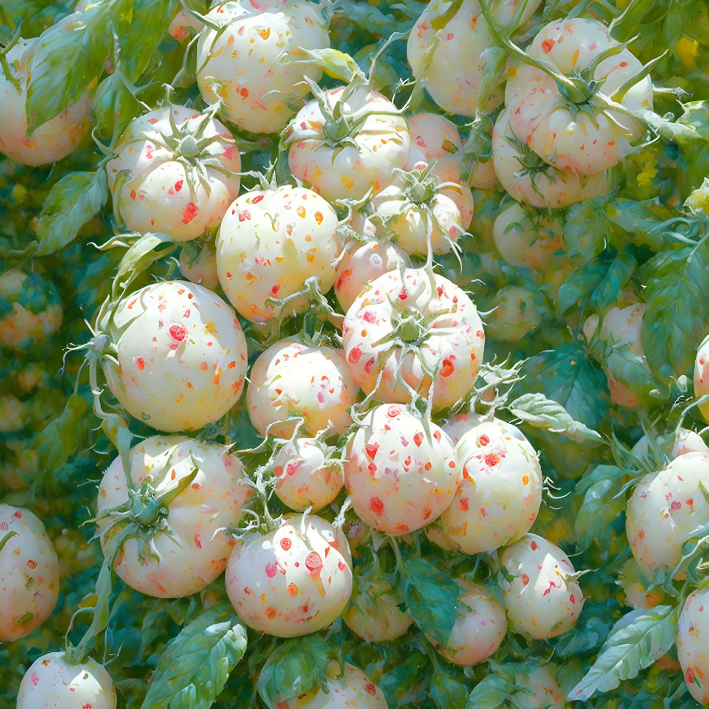 Cluster of White Tomatoes with Red Speckles on Vine amid Green Leaves