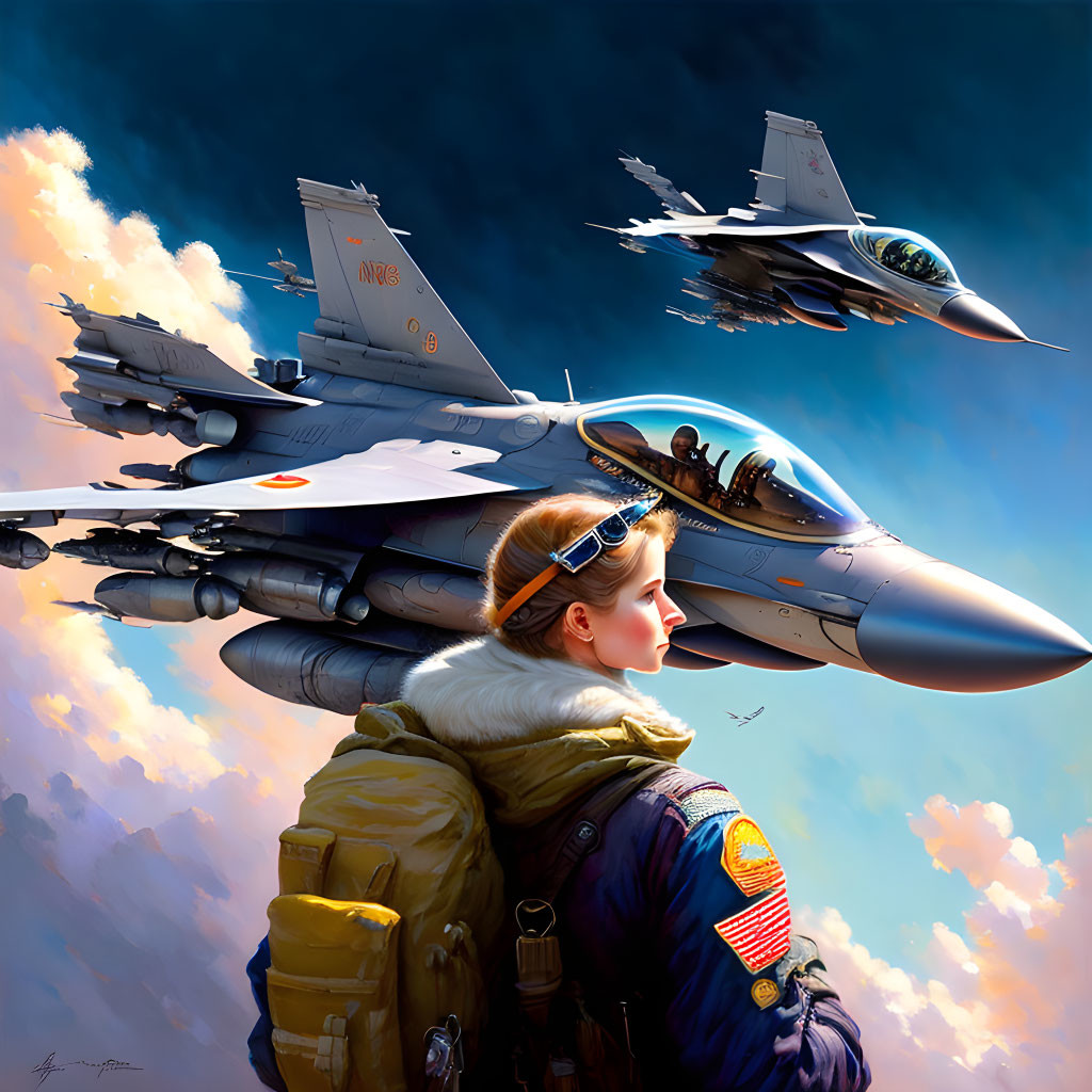 Female pilot in flight suit with F-16 jets in sky