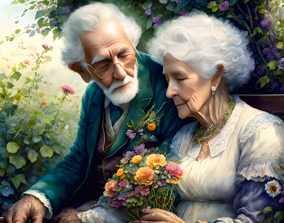 Elderly couple close together with bouquet in garden setting