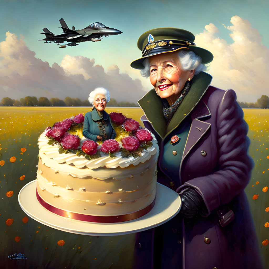 Elderly woman in military uniform holding cake with woman on top, jet flying overhead