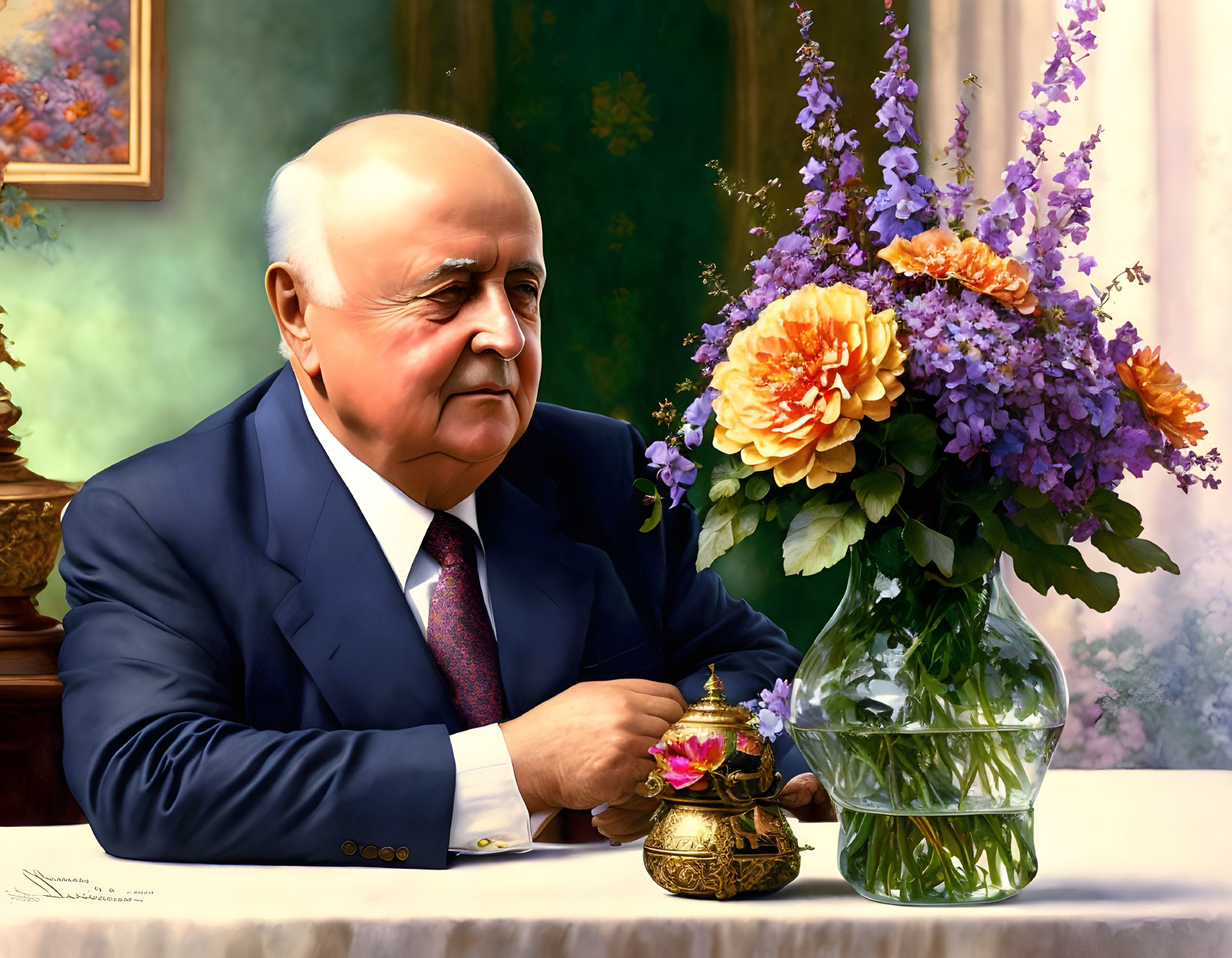 Elderly man in dark suit with white hair next to orange and purple flowers and gold cup