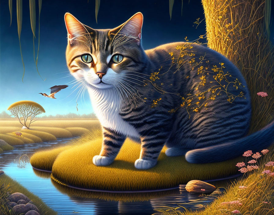 Tabby Cat Digital Painting with Green Eyes on Moss-Covered Riverbank