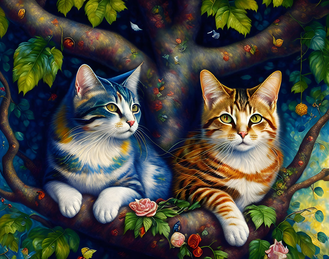 Vibrantly colored cats with intricate patterns on tree branch in lush setting