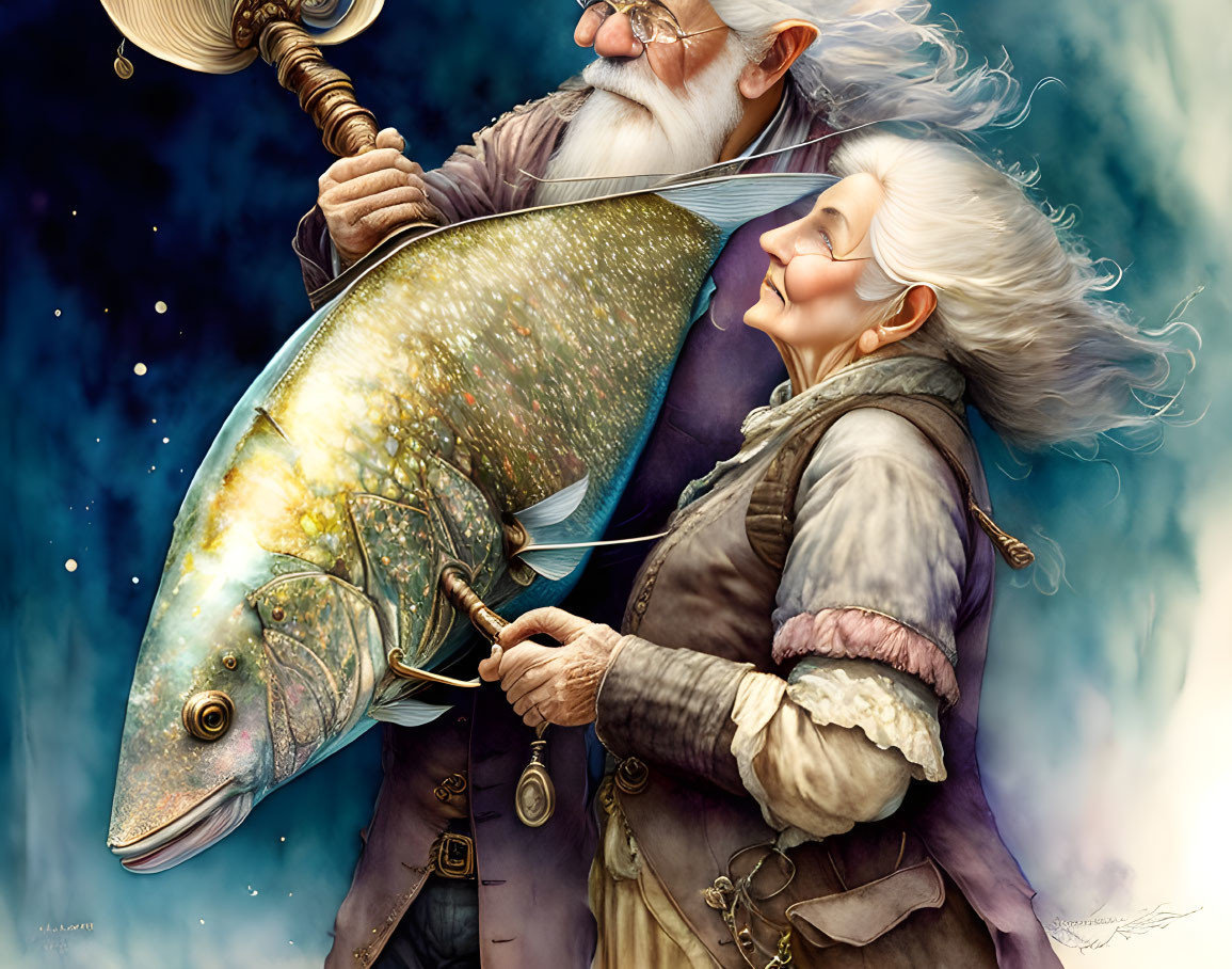 Elderly Fantasy Couple with Shimmering Fish and Fishing Rod Smiling