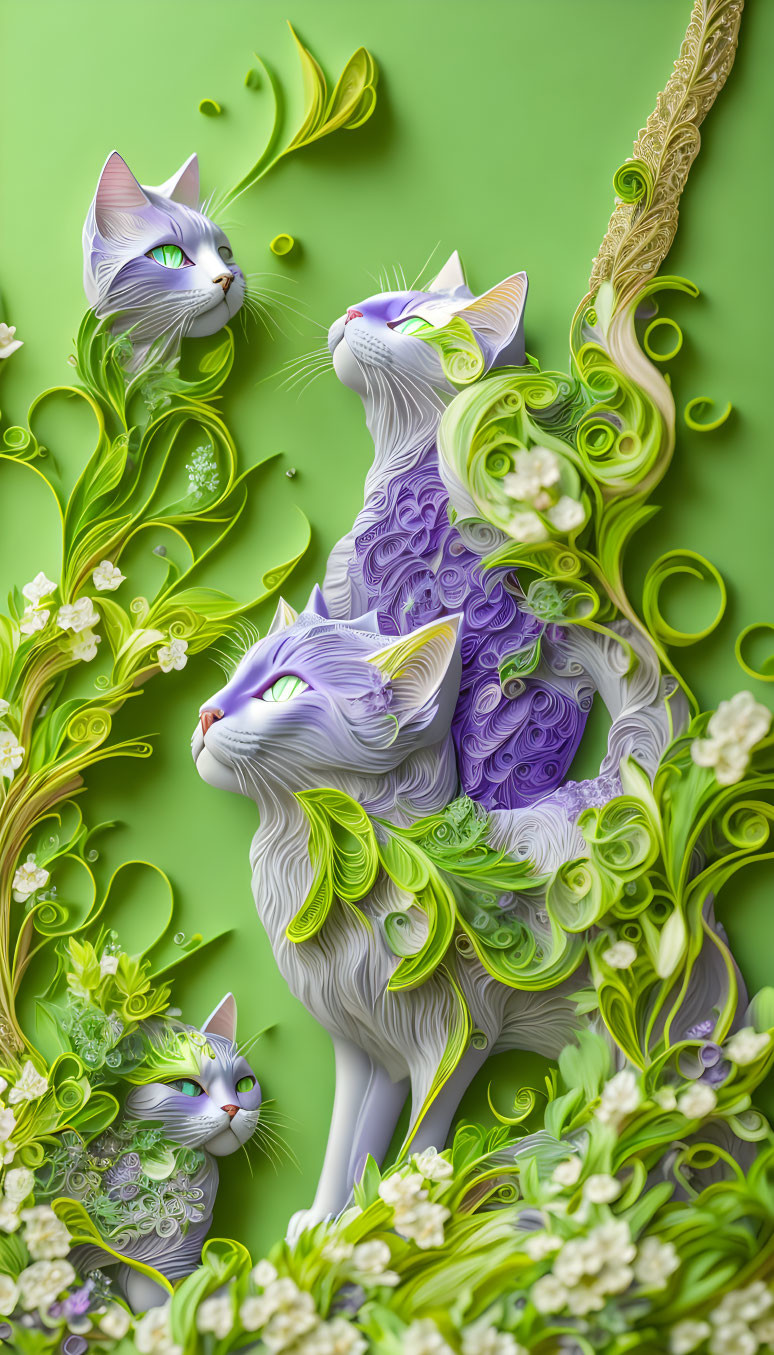 Three stylized cats with floral and leaf patterns on green background - paper quilling art.