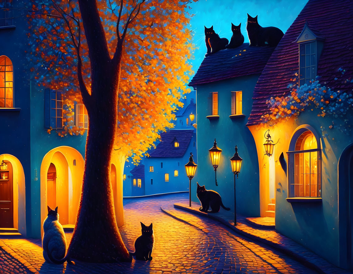 Whimsical nighttime scene: vibrant blue houses, glowing streetlamps, cats under orange-leaf