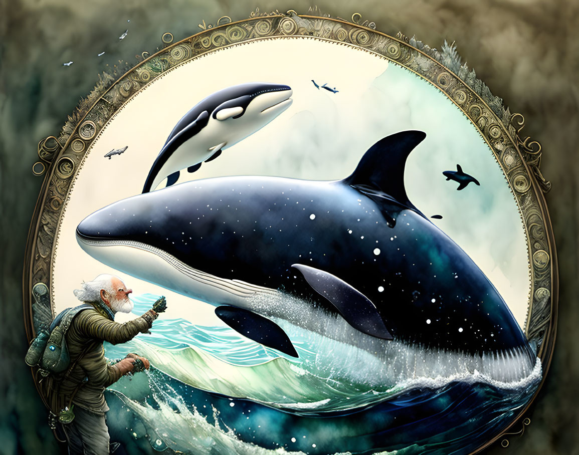 Fantastical illustration of bearded man and cosmic whale with birds, waves, and ornate frame