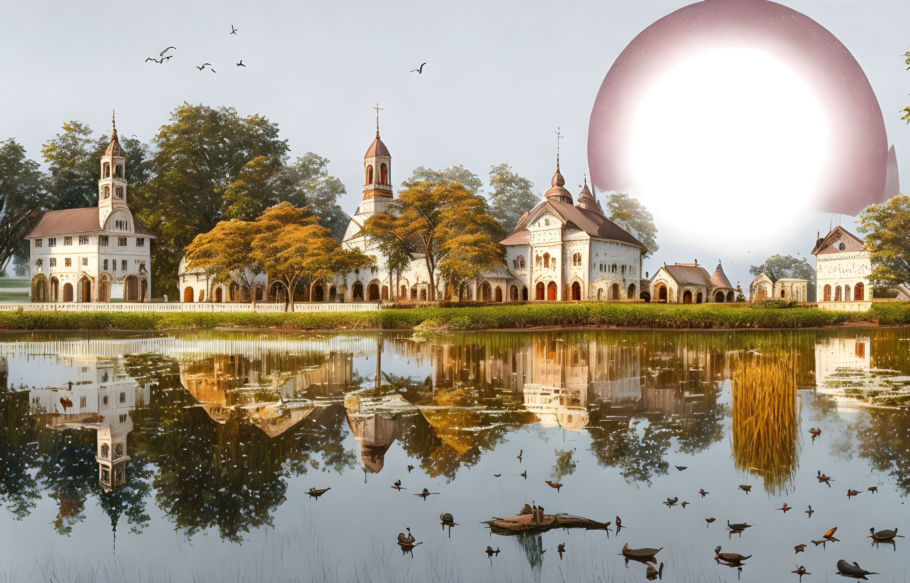 Tranquil landscape with buildings, lake, moon, and birds