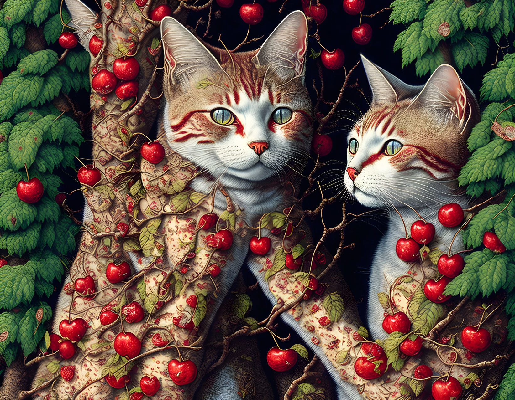 Camouflaged Cats Among Green Foliage and Red Berries