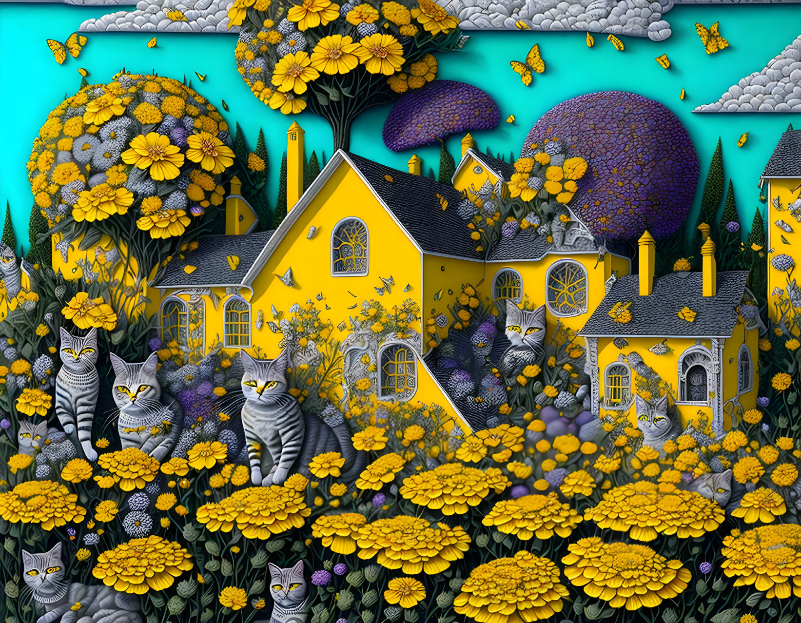 Colorful Illustration of Yellow House, Flowers, and Cats under Blue Sky