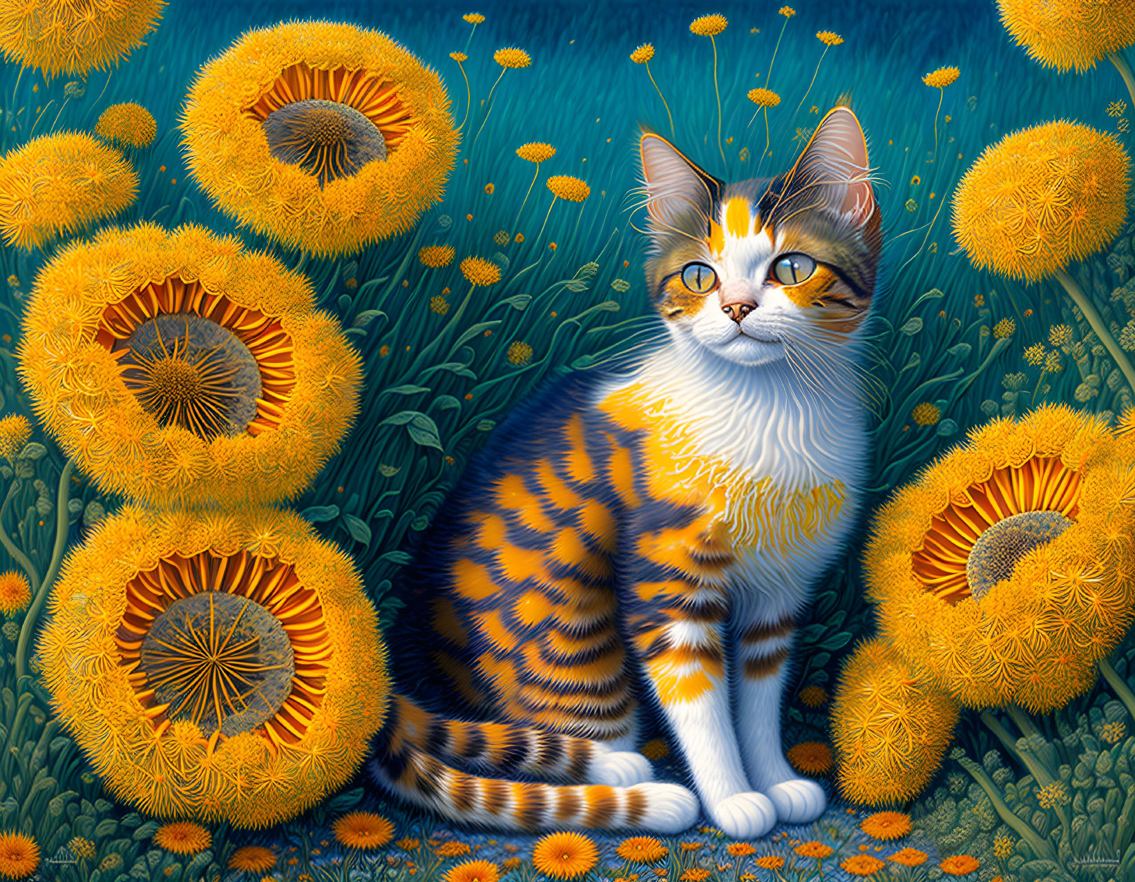 Striped orange-and-white cat in field of yellow flowers on blue background