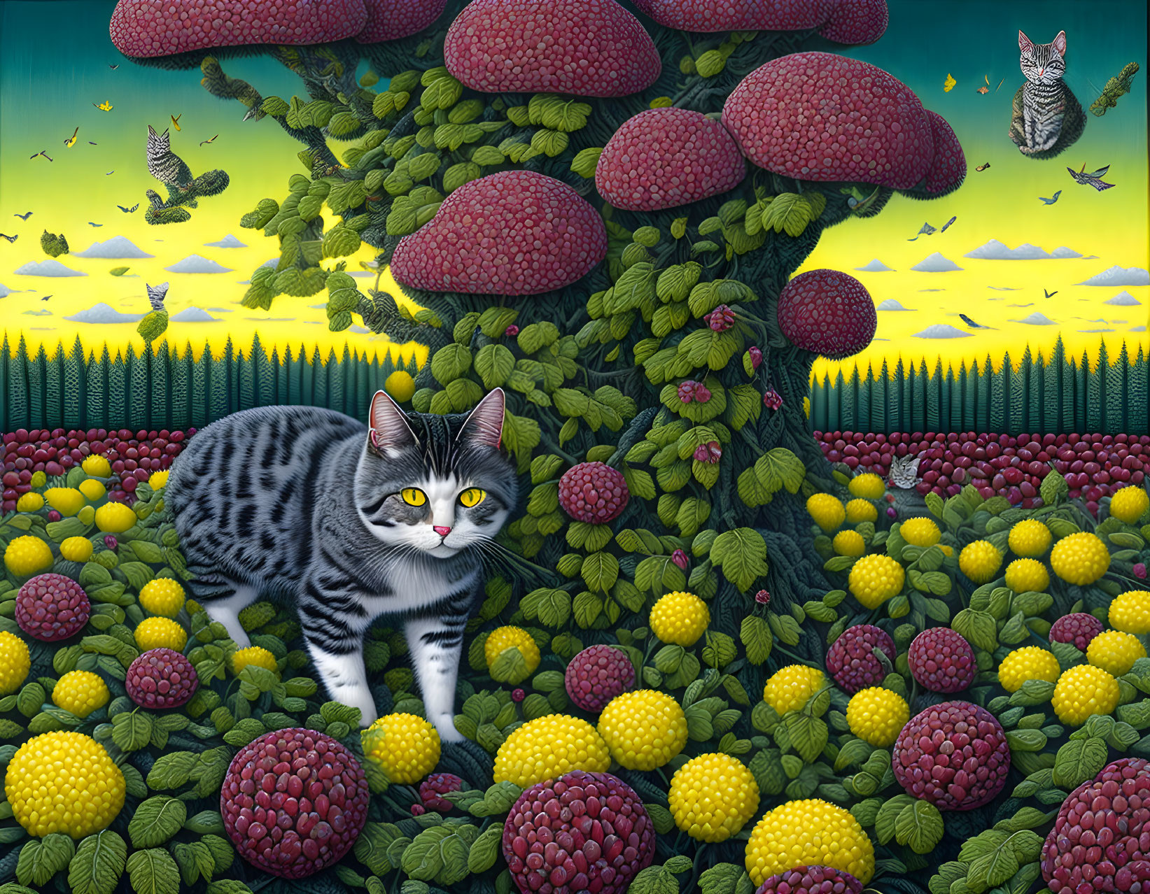 Colorful Surreal Landscape with Striped Cat, Flying Cats, and Mushroom Trees