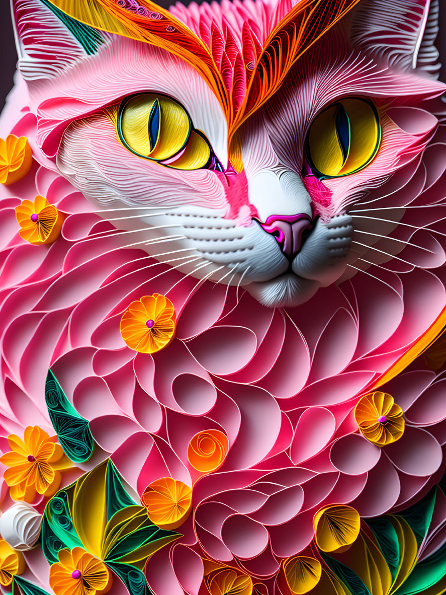 Colorful Paper Art: Stylized Cat with Floral Patterns