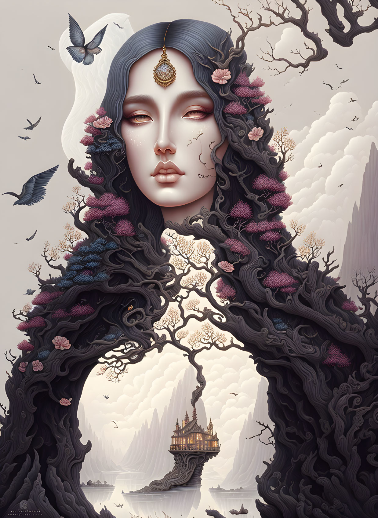 Illustration: Serene woman with dark hair, nature elements, and distant temple.