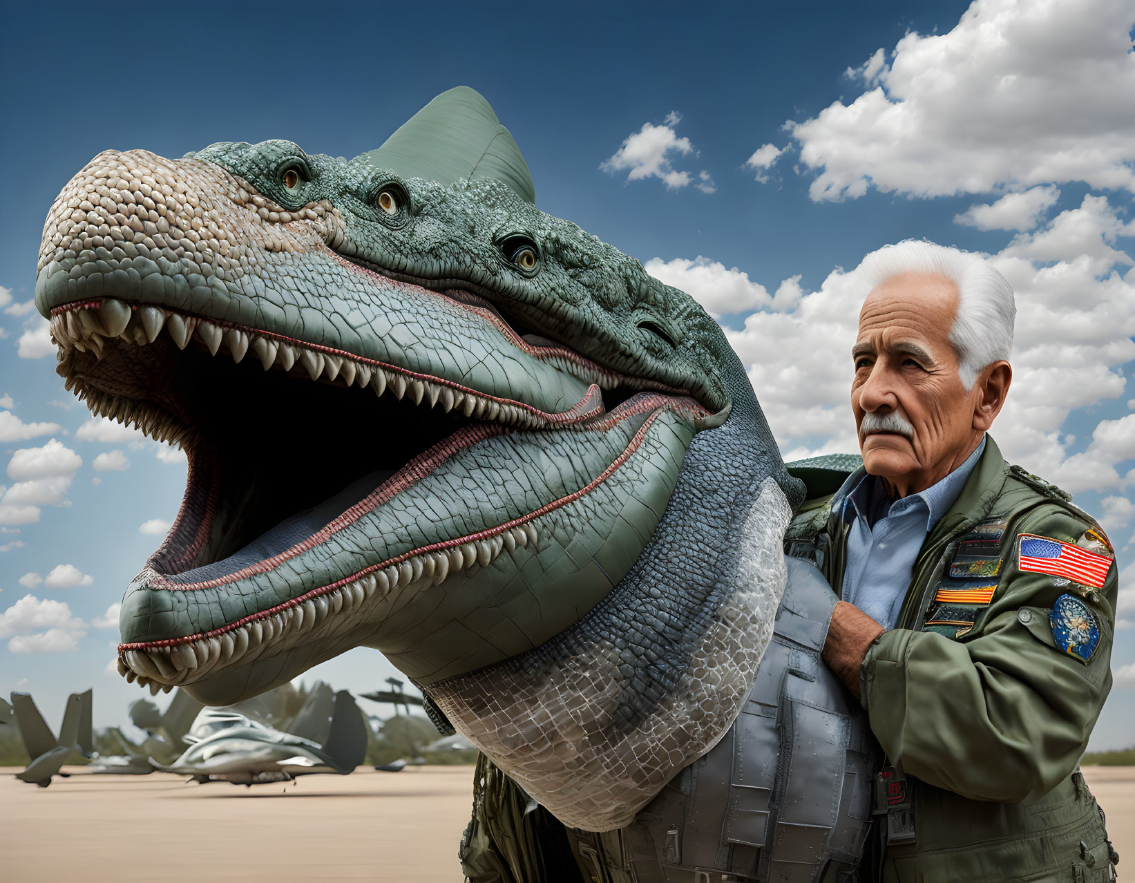 Elderly man in pilot's jacket with giant crocodile head and fighter jets.