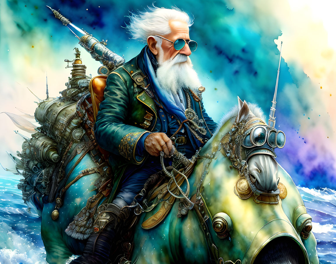 Steampunk adventurer on mechanical horse under blue sky