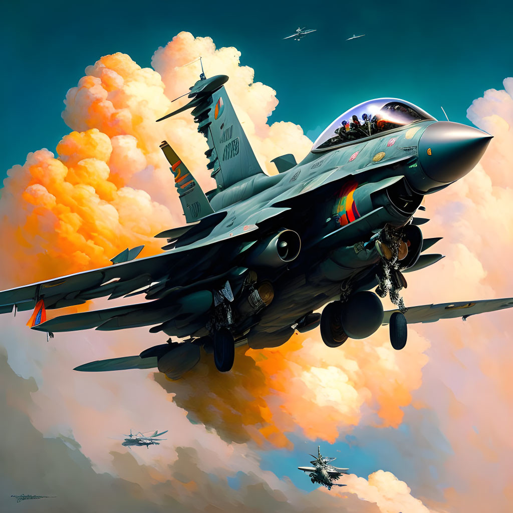 Illustration of military fighter jets in vibrant sky