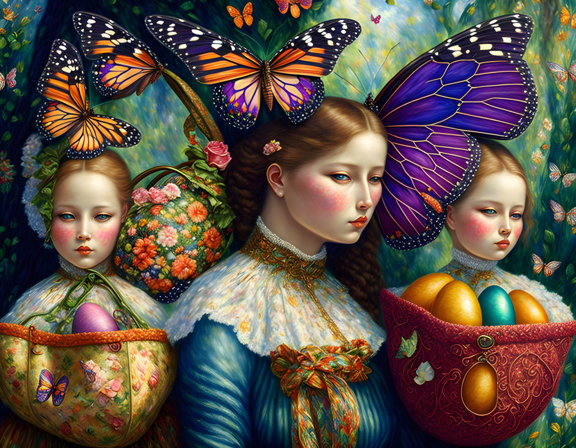 Three women with butterfly adornments holding baskets against floral backdrop