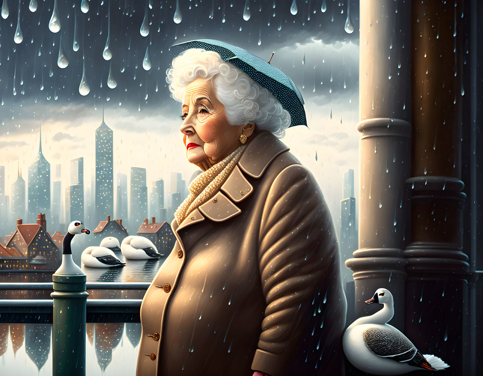 Elderly woman in coat and hat on rainy day overlooking cityscape