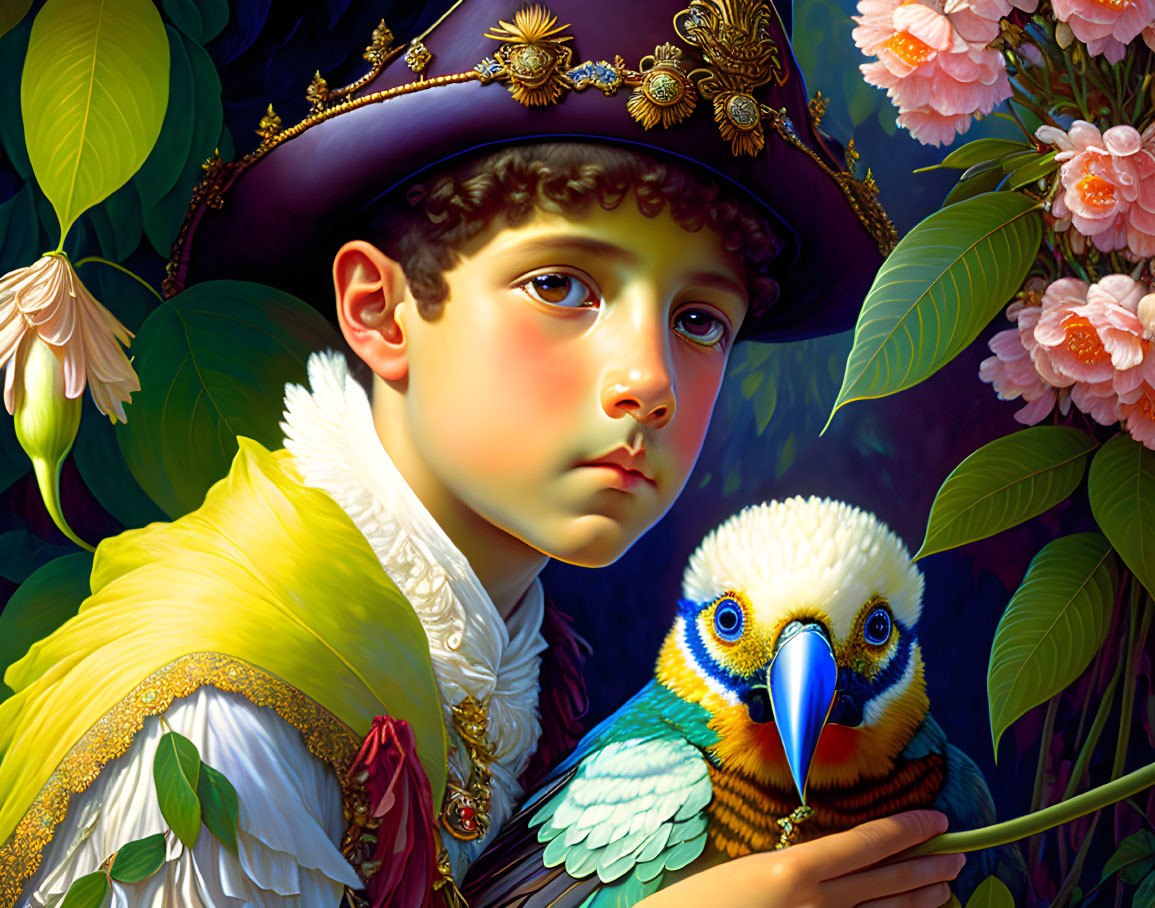 Young person in Renaissance attire with ruffled collar and hat, holding vibrant parrot