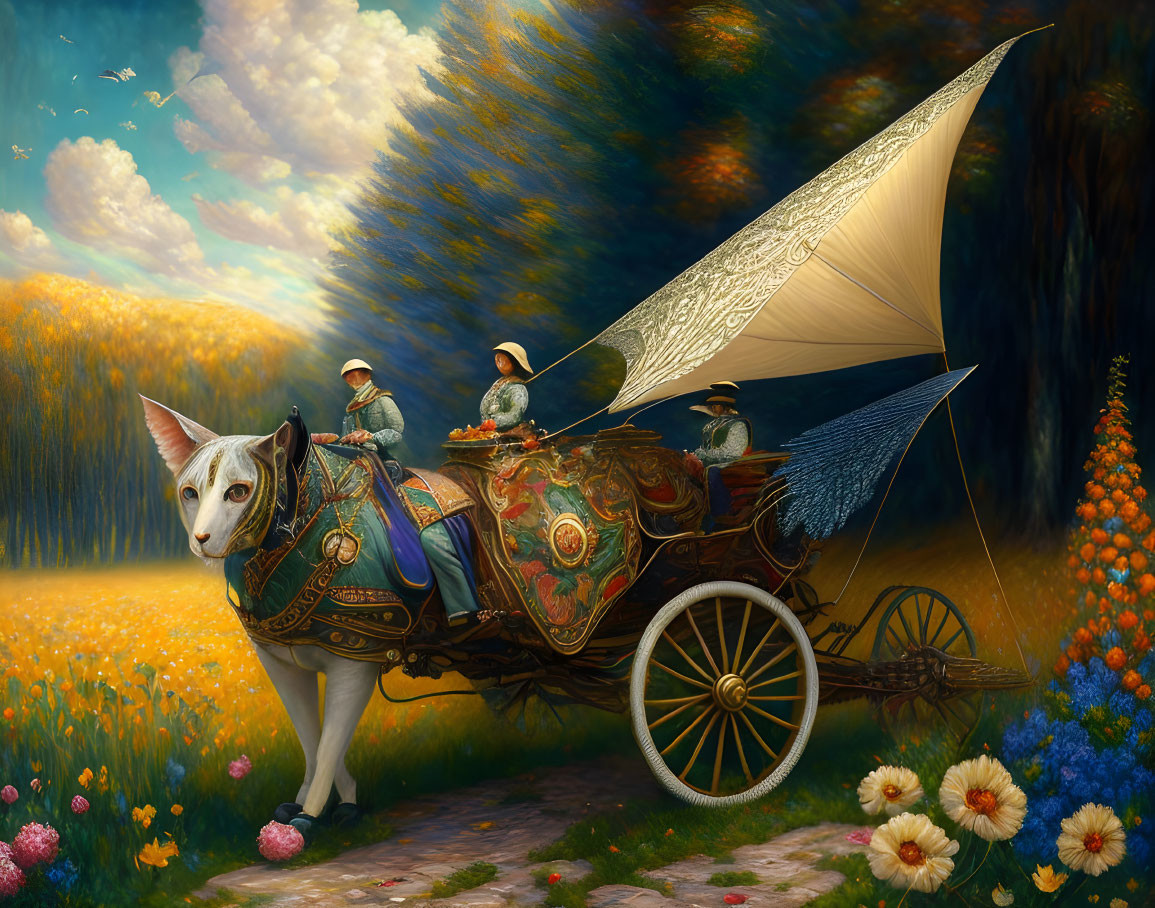 Giant cat pulling ornate carriage in lush meadow with forest background