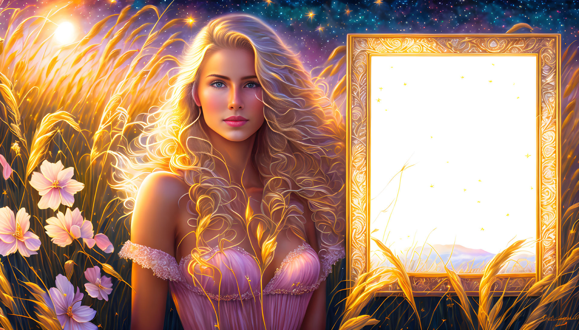 Blonde woman in wheat field with ornate frame and starry sky