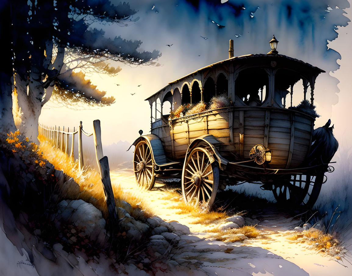 Vintage wooden carriage parked by snowy fence under twilight sky