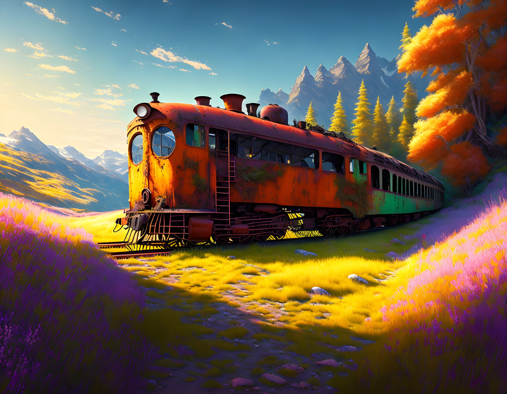 Rusted orange train in surreal landscape with purple foliage