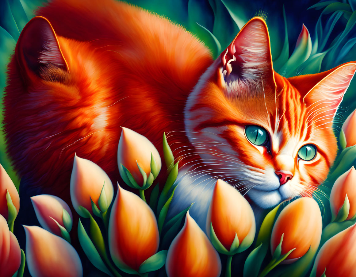 Colorful Cat Illustration Among Tulips with Green Eyes