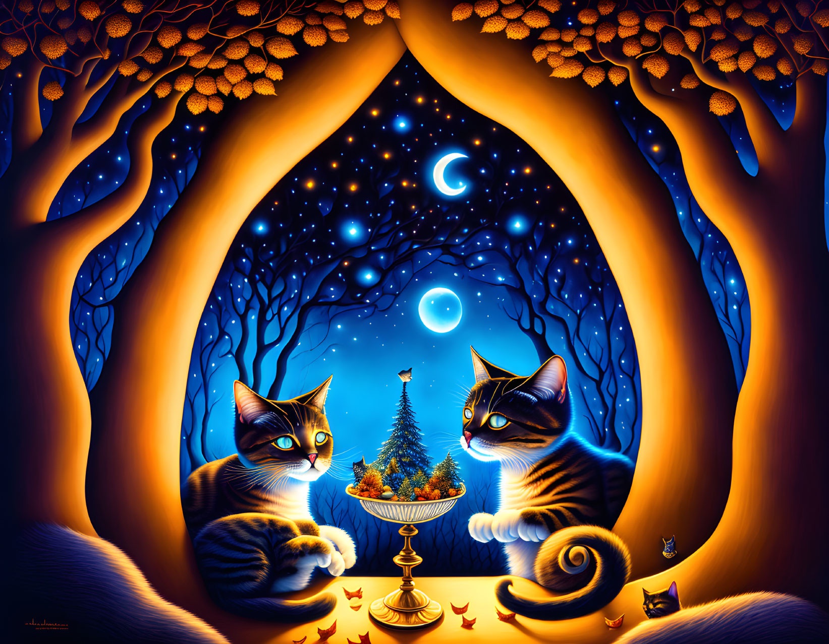 Two Cats by Bird Fountain Under Starry Sky and Crescent Moon