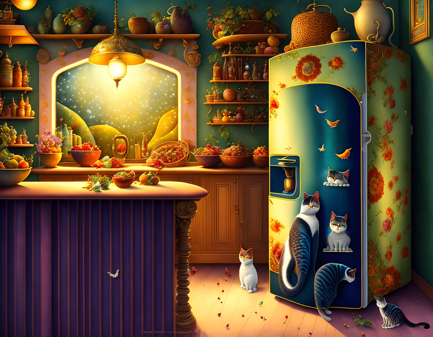 Colorful Starry Night Themed Kitchen with Cats and Fruit