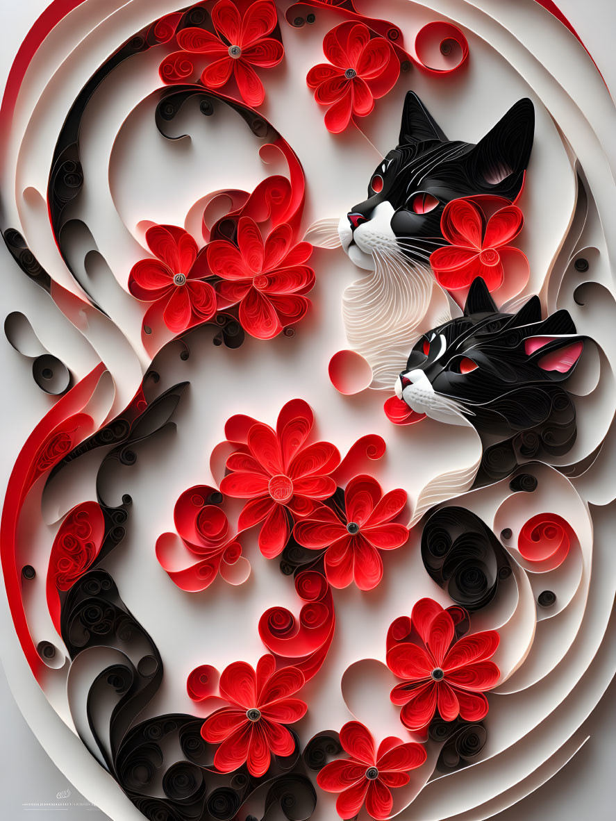 Intricately crafted paper art cats with quilled flowers and patterns