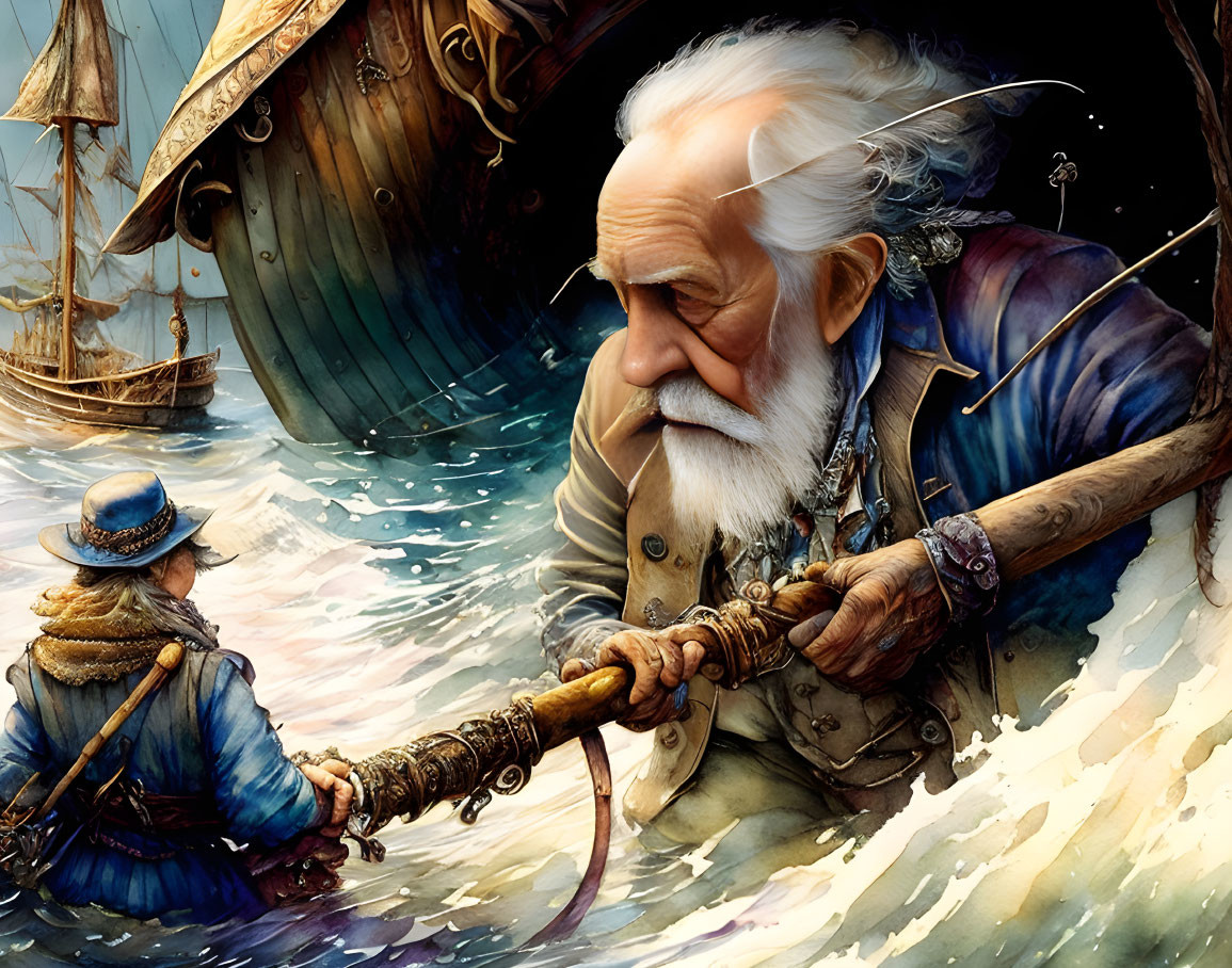 Elderly sailor passing spyglass to child on boat in detailed illustration